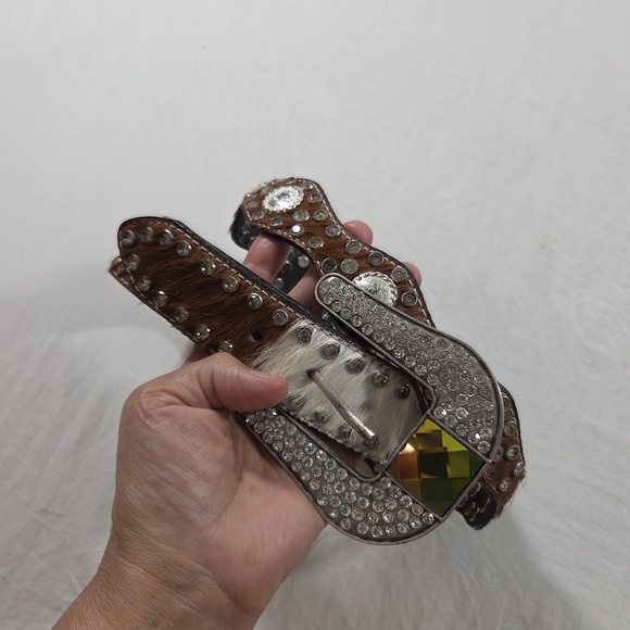 NOCONA Belt Leather Brown White Western Belt Silver Details Cowhide Large Unisex - Picture 8 of 8